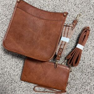 Brown Faux Leather Crossbody Bag and Wallet Set